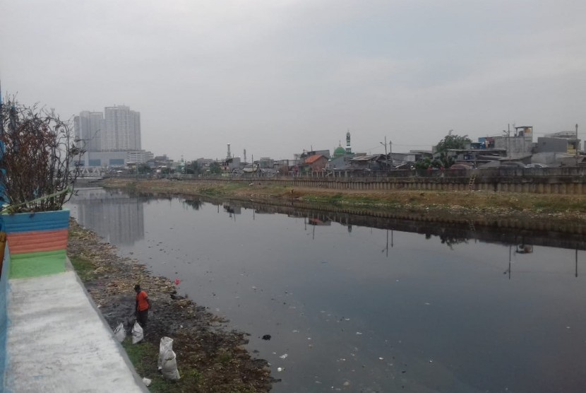 Kebun sayur milik warga di bantaran Banjir Kanal Barat, Grogol Jakarta Barat rusak akibat naiknya tinggi air setelah hujan deras mengguyur Jakarta, Senin (29/10). 