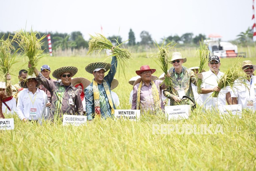 Kementan menggelar puncak peringatan Hari Pangan Sedunia (HPS) ke-38 tahun 2018 di tengah lahan rawa yang dimanfaatkan sebagai lahan pertanian produktif di Desa Jejangkit Muara, Barito Kuala, Kalimantan Selatan, Kamis (18/10).