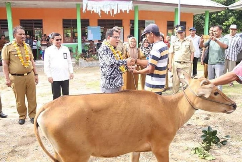 Kementerian Desa, Pembangunan Daerah Tertinggal, dan Transmigrasi (Kemendes PDTT) menyerahkan bantuan 330 ekor ternak sapi kepada warga transmigran di eks Unit Permukiman Transmigrasi (UPT) Gindopo, Kabupaten Toli-Toli, Sulawesi Tengah, Senin (16/9). 