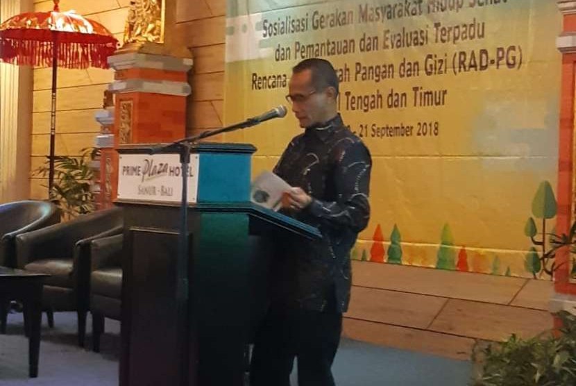 Kepala Badan Ketahanan Pangan (BKP) Kementerian Pertanian (Kementan) Agung Hendriadi saat menjadi keynote speaker pertemuan Sosialisasi Germas dan Pemantauan Terpadu RAD-PG Tahun 2018 Regional Timur Tengah yang diselenggarakan Bappenas, di Sanur, Bali, Jumat (21/9).