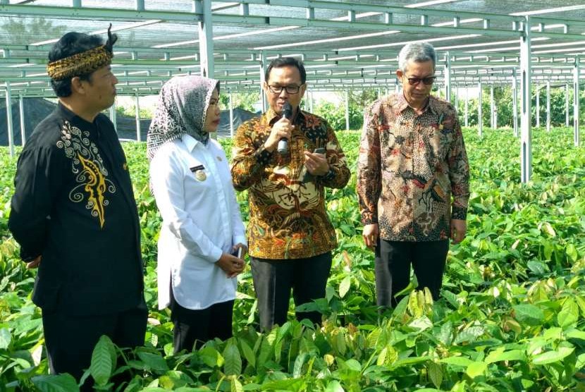 Kepala Badan Penelitian dan Pengembangan Pertanian (Balitbangtan) Kementerian Pertanian (Kementan) Muhammad Syakir, Bupati Kabupaten Bandung Dadang M Naser, dan Bupati Kabupaten Serang Ratu Tatu Chasanah menijau benih perkebunan di Balai Penelitian Tanaman Industri dan Penyegar (Balittri), Sukabumi, Jawa Barat, Senin (24/9). 