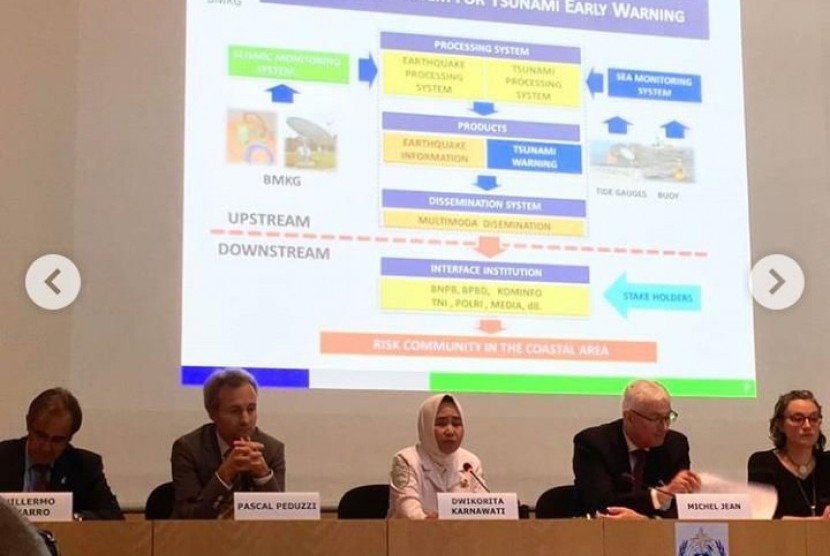 Kepala BMKG Dwikorita Karnawati (tengah) berbicara dalam forum internasional PBB, Second Multi-Hazard Early Warning Conference (MHEWC-II) di Jenewa, Swiss, yang berlangsung 13-14 Mei.