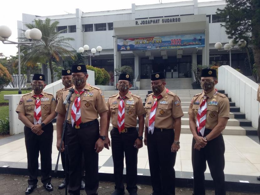 Kepala Staf Angkatan Laut (KSAL) Laksamana TNI Yudo Margono (ketiga dari kiri) usai membuka Rapat Pimpinan (Rapim) Saka Bahari Nasional Tahun 2022 di Mabesal Cilangkap, Jakarta Timur, Rabu (23/3).