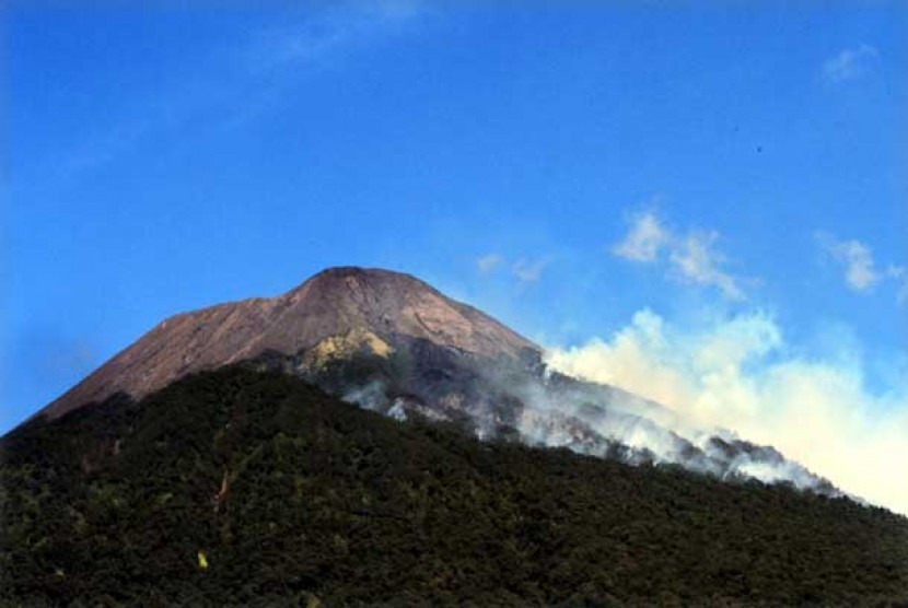   Kepulan asap dari kawasan hutan lereng Gunung Slamet yang terbakar, terlihat dari pos pendakian jalur Bambangan, Desa Kutabawa, Karangreja, Purbalingga, Ahad (26/8). 