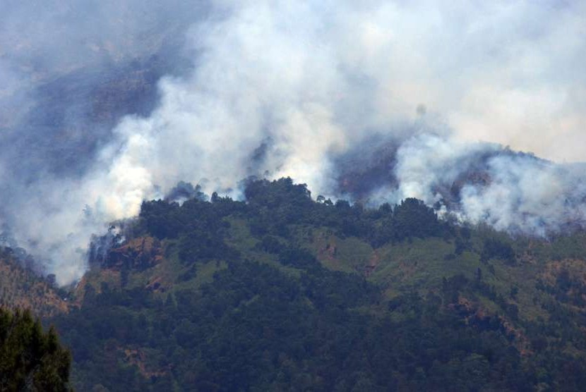 Kepulan asap dari kebakaran hutan gunung Sumbing difoto dari Desa Pagergunung, Bulu, Temanggung, Jawa Tengah, Selasa (11/9)