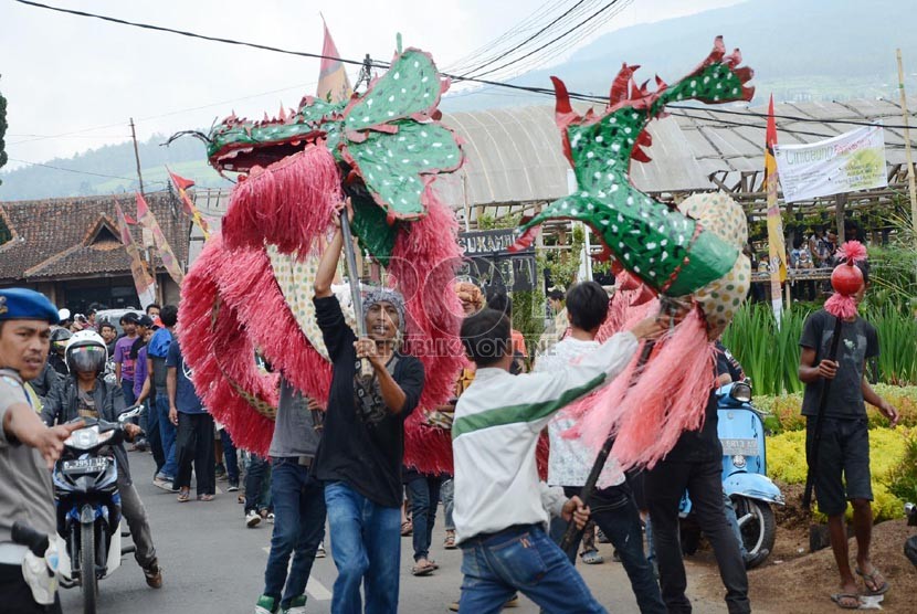   Kesenian Liong pada 'Cihideung Festival 2013' di Desa Wisata Bunga Cihideung, Kecamatan Parongpong, Kabupaten Bandung Barat, Ahad (3/11).  (Republika/Edi Yusuf)