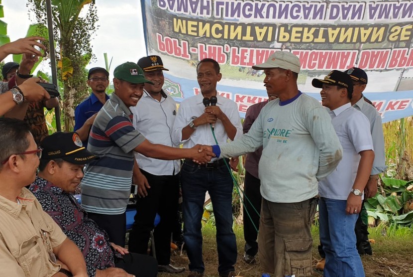 Kesepakatan jual beli jagung antara peternak dan petani saat acara dialog usai panen raya jagung di Desa Kalipepe, Kecamatan Yosowilangun, Kabupaten Lamongan, Jawa Timur, Sabtu (10/11).