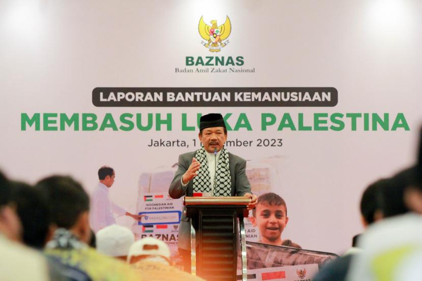 Ketua Baznas, Prif. Dr. KH. Noor Achmad MA hadir dalam konferensi pers Laporan Penghimpunan dan Pendistribusian Infak Kemanusiaan Palestina Baznas, di Jakarta, Jumat (1/12/2023).