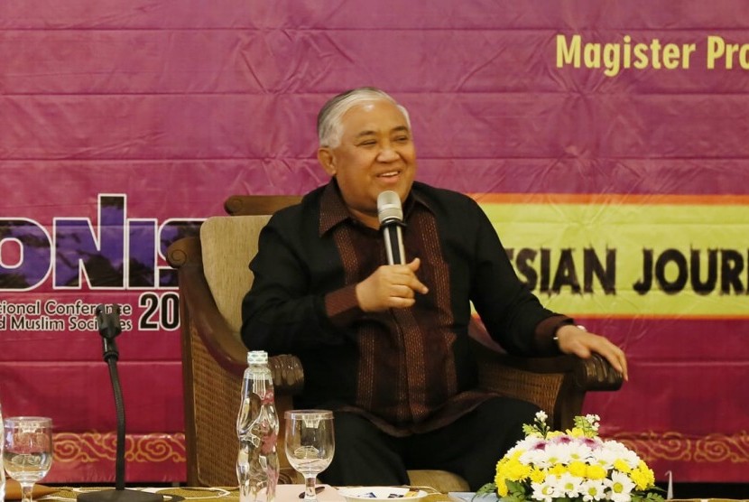 Ketua Dewan Pembina Majelis Ulama Indonesia (MUI) Prof Dr KH Din Syamsudin saat menghadiri Konferensi Internasional tentang Islam dan Masyarakat Muslim (ICONIS) 2018, di Institut Agama Islam Negeri (IAIN) Salatiga, Jawa Tengah, Rabu (1/8).