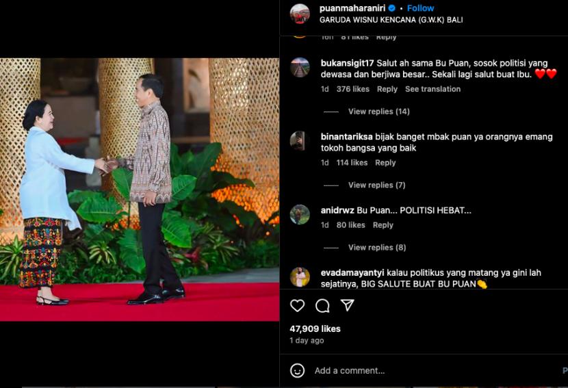 Ketua DPR Puan Maharani memposting foto saat ia bersalaman dengan Presiden Jokowi di akun instagramnya @puanmaharani.