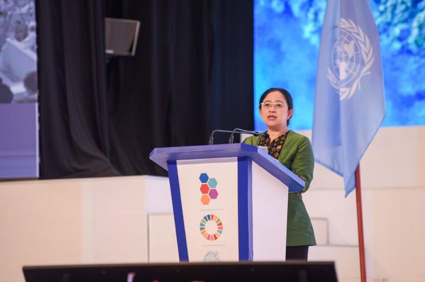 Ketua DPR Puan Maharani menekankan pentingnya kerjasama parlemen dunia dalam mitigasi bencana.  Puan Maharani saat memberikan pidato kunci dalam Global Platform for Disaster Risk Reduction (GPDRR) ke-7 di Bali, Kamis (26/5/2022). 