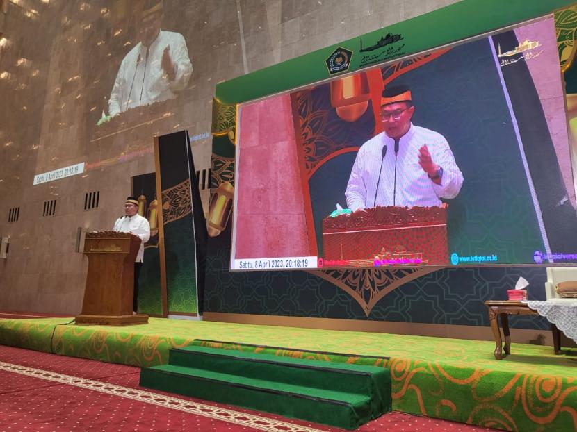 Ketua ICMI Arif Satria dalam acara peringatan Nuzulul Quran di Masjid Istiqlal, Sabtu (8/4/2023).