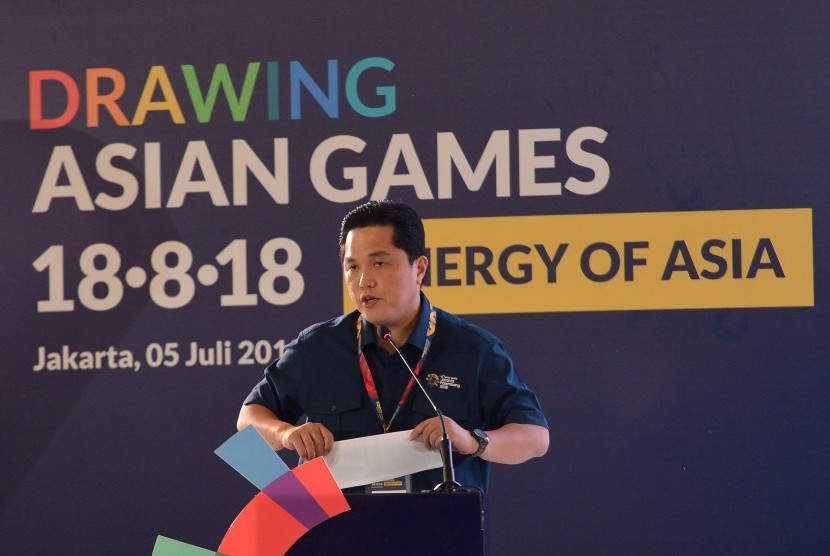 Ketua Inasgoc Erick Thohir memberikan sambutan ketika pengundian cabang olah raga Asian Games 2018 di Jakarta, Kamis (5/7).