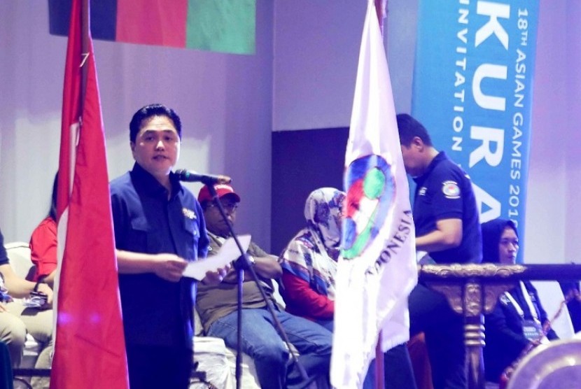 Ketua Inasgoc Erick Thohir saat membuka test event Asian Games 2018 cabang kurash di Jakarta, Sabtu (5/5).