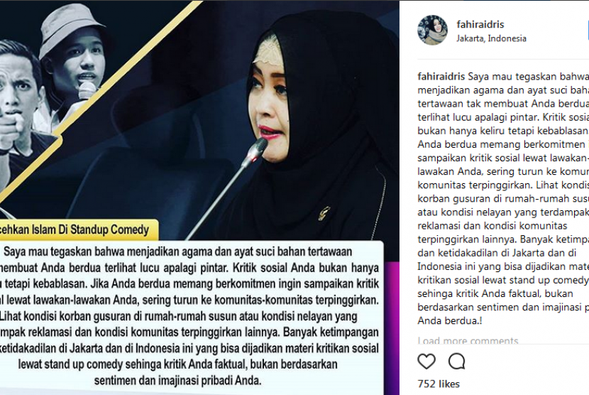 Ketua Komite III DPD RI, Fahira Idris mengkritik Ge Pamungkas dan Joshua yang menjadikan agama sebagai bahan lawakan di akun Instagram pribadinya, Jumat (12/1).