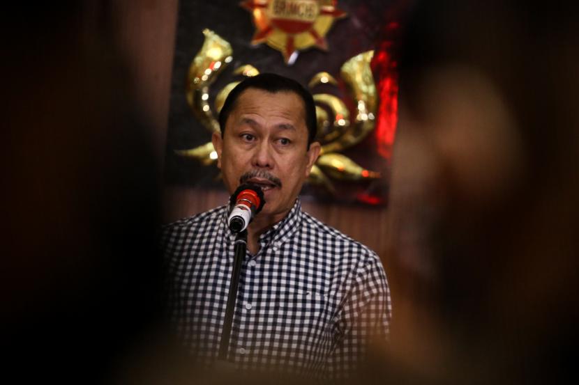 Ketua Komnas HAM Ahmad Taufan Damanik menyampaikan keterangan pers di Mako Brimob, Kelapa Dua, Depok, Jawa Barat.