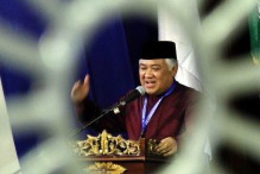 Ketua Pimpinan Pusat Muhammadiyah Din Syamsudin memberikan sambutan saat membuka Sidang Tanwir Muhammadiyah di kampus Universitas Muhammadiyah (Unismuh) Makassar, Sulawesi Selatan, Sabtu (1/8).
