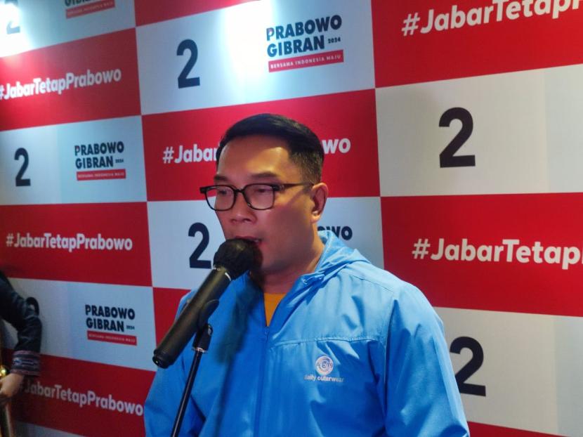 Ketua TKD Jabar Paslon Capres-cawapres 02, Ridwan Kamil, saat ditemui usai memberikan arahan dalam rapat koordinasi relawan daerah, di Kota Bandung, Sabtu (6/1/2024).
