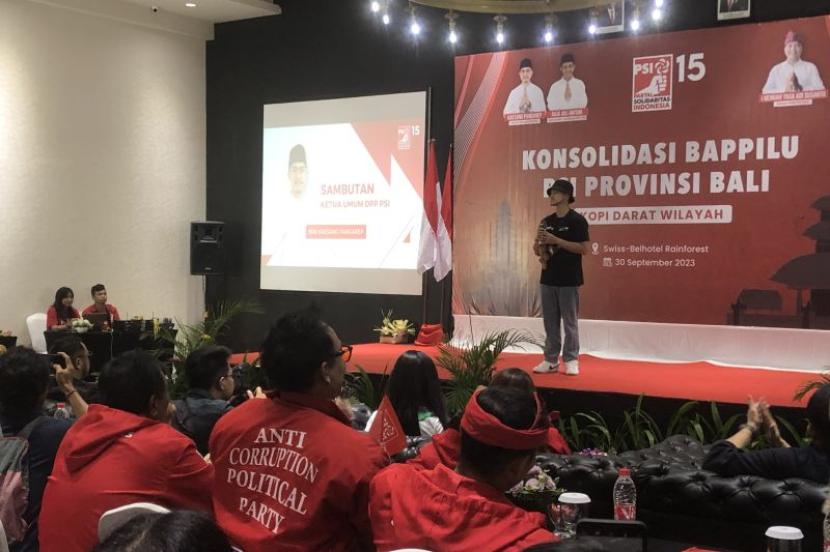 Ketua Umum DPP Partai Solidaritas Indonesia (PSI) Kaesang Pangarep di acara Konsolidasi Badan Pemenangan Pemilu (Bappilu) PSI Bali di Kabupaten Badung, Provinsi Bali, Sabtu (30/9/2023).