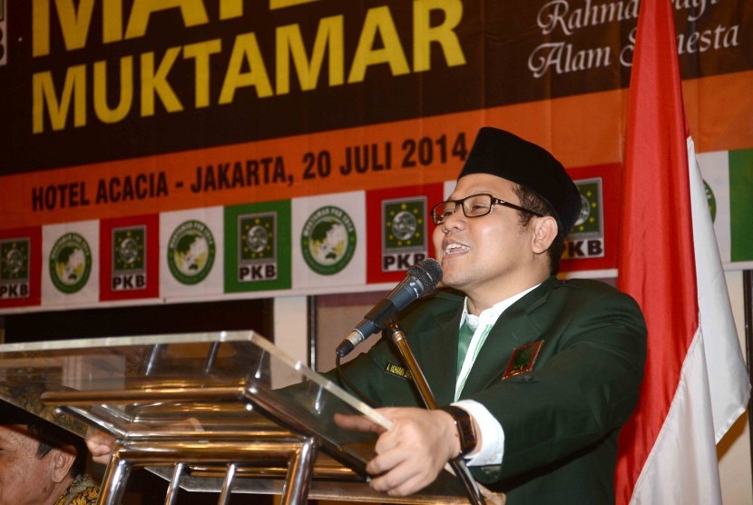 Ketua umum DPP PKB, Muhaimin Iskandar memberikan sambutannya saat rapat tertutup membahas materi muktamar PKB di Jakarta, Ahad (20/7)