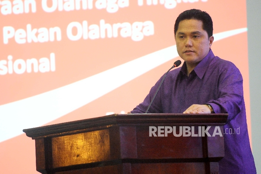 Ketua Umum Komite Olimpiade Indonesia (KOI) Erick Thohir menjadi pembicara dalam seminar Pembangunan Olahraga Nasional di Gedung Lembaga Ketahanan nasional RI (Lemhamnas), Jakarta, Rabu (22/2). 