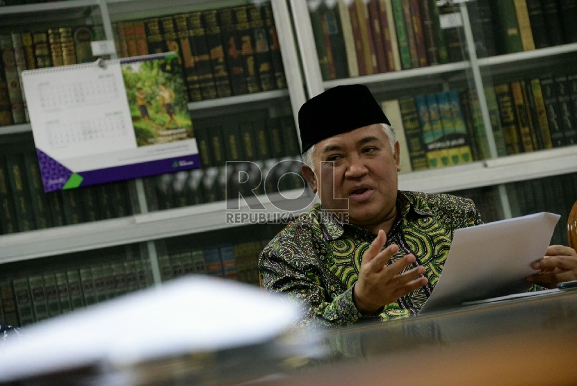 Ketua Umum Majelis Ulama Indonesia (MUI) Din Syamsuddin memberikan keterangan terkait pantauan MUI tayangan televisi paruh pertama ramadhan 1436H/2015 di Jakarta, Selasa ( 7/7). 