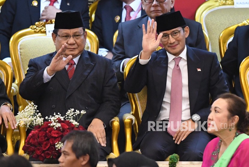 Ketua Umum Partai Gerindra Prabowo Subianto (kiri) dan Wakil Ketua Dewan Pembina Sandiaga Uno.