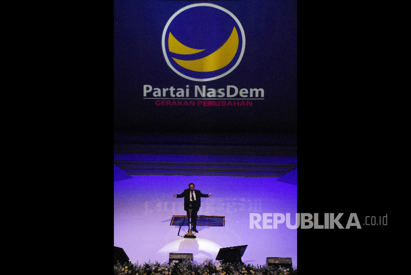 Ketua Umum Partai Nasdem Surya Paloh saat menyampaikan orasi politik. Nasdem berencana melakukan konvensi capres untuk diusung dalam pilpres 2024.