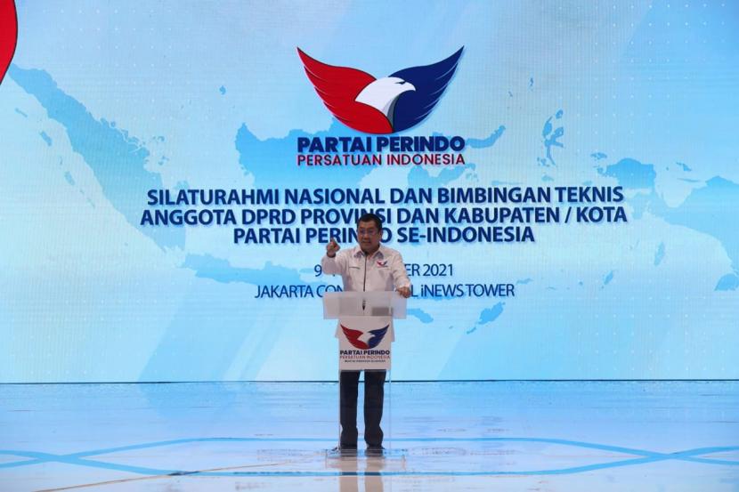 Ketua Umum Partai Perindo Hary Tanoesoedibjo dalam Silaturahmi Nasional (Silatnas) dan Bimbingan Teknis (Bimtek) Partai Perindo di Jakarta Concert Hall, Kamis (9/12/2021).