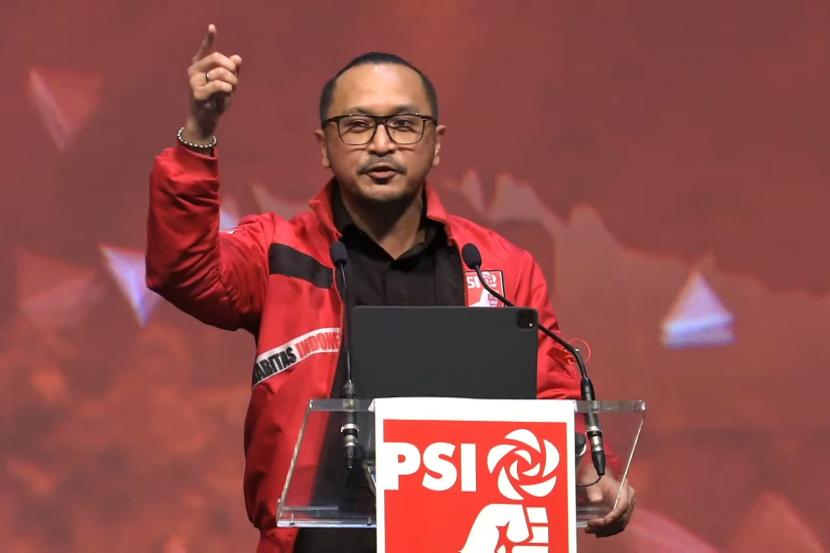 Ketua Umum Partai Solidaritas Indonesia (PSI), Giring Ganesha dalam perayaan HUT ke-7 PSI di Djakarta Theatre, Jakarta, Rabu (22/12).