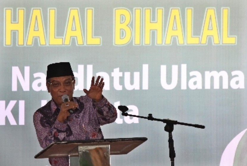 Ketua Umum PBNU Said Aqil Siradj berpidato saat Halal Bihalal Pengurus Wilayah Nahdlatul Ulama DKI Jakarta, Ahad (25/8).