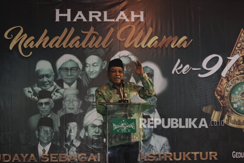 Ketua Umum PBNU Said Aqil Siradj menyampaikan pidatonya pada peringatan Hari Kelahiran ke-91 Nahdlatul Ulama (Harlah NU) Jakarta, Selasa (31/1). Peringatan kali ini mengangkat tema Budaya Sebagai Infrastruktur Penguatan Paham Keagamaan.