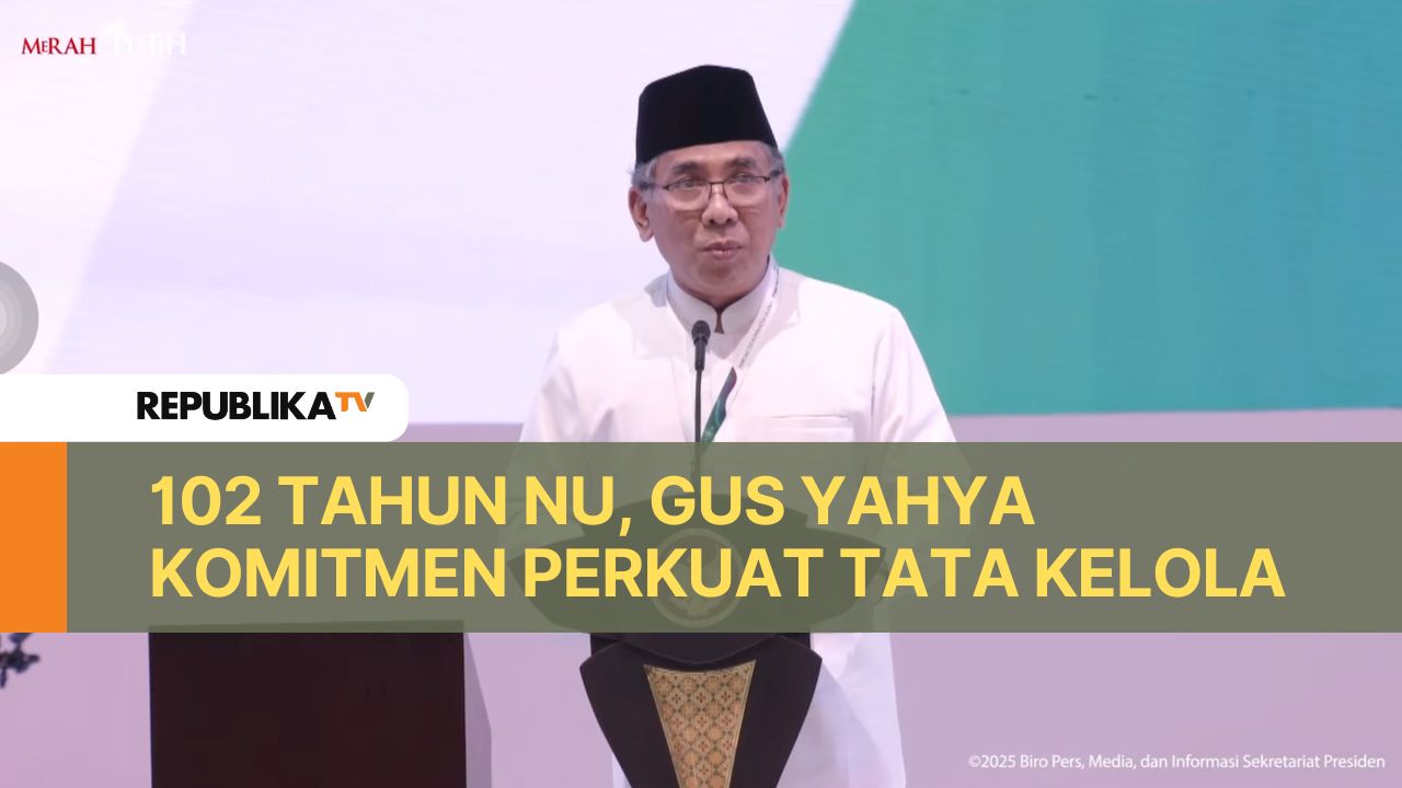 Ketua umum PBNU Yahya Cholil Staquf menyampaikan sambutan pada acara Harlah ke-102 Nahdlatul Ulama di Istora Senayan, Jakata, Rabu (5/2/2025). 