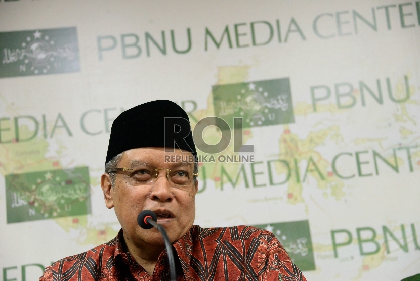 Ketua Umum Pengurus Besar Nahdlatul Ulama (PBNU) Said Aqil Siradj memberikan keterangan terkait laporan akhir persiapan pelaksanaan Muktamar NU di Kantor PBNU,Jakarta, Jumat (24/7).