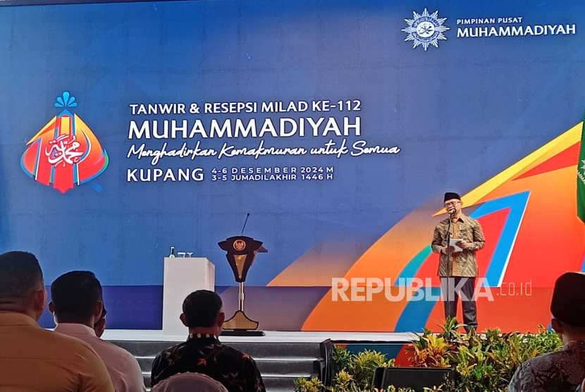 Ketua Umum Pimpinan Pusat (PP) Muhammadiyah Prof Haedar Nashir di Universitas Muhammadiyah Kupang, Nusa Tenggara Timur, Rabu  (4/12/2024).