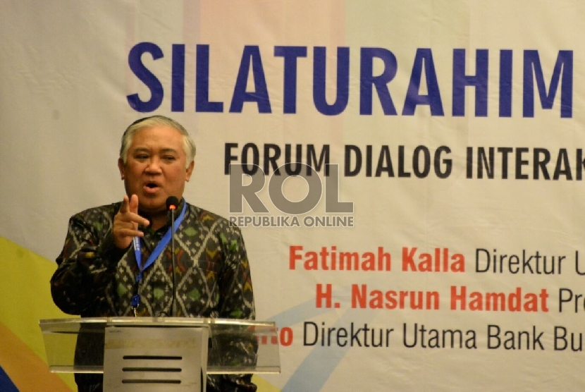 Ketua Umum PP Muhammadiyah Din Syamsuddin memberikan sambutan dalam acara silahturhami saudagar Muhammadiyah di Wisma Kalla, Makasar, Sulsel, Selasa (4/8).