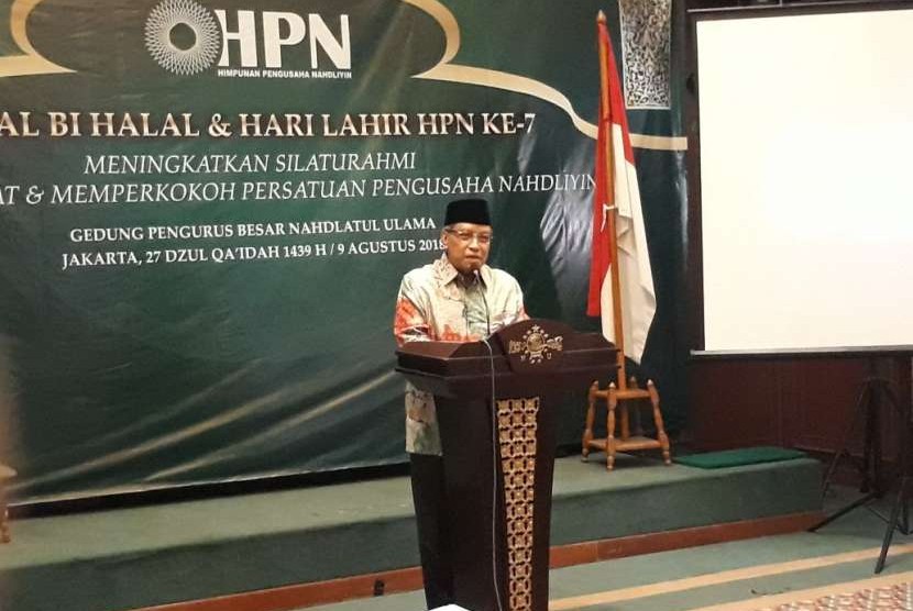 Ketum PBNU, KH Said Aqil Siroj saat memberikan sambutan dalam acara Halal bi Halal dan Hari Lahir Himpunan Pengusaha Nahdliyin (HPN) ke-7 di Gedung PBNU, Jakarta Pusat, Kamis (9/8). 