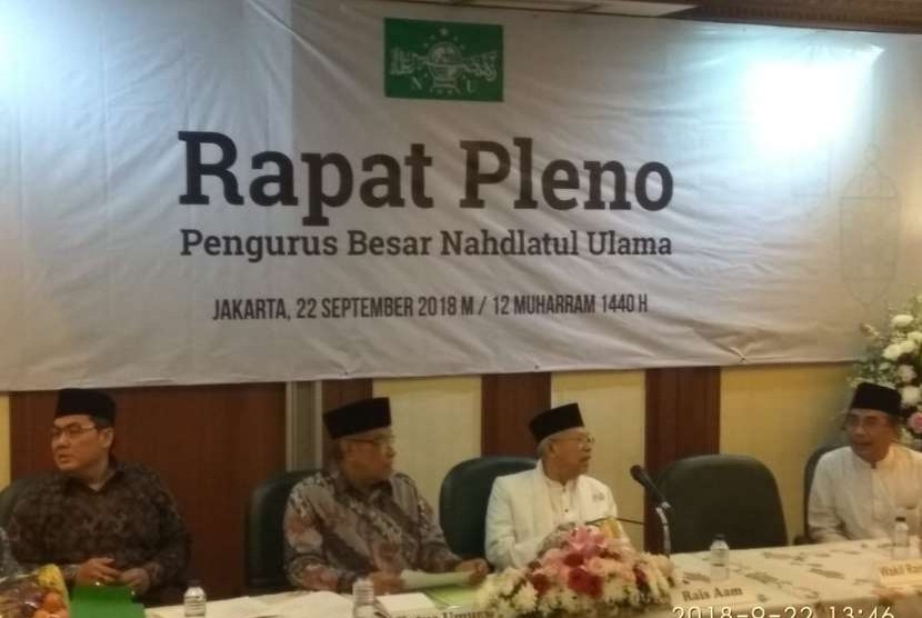 KH Ma'ruf Amin, beserta ketua umum PBNU KH Said Aqil Siradj, Sekjen PBNU, dan KH Yahya Cholil Staquf di acara Rapat Pleno PBNU, di kantor pusat PBNU, Jakarta Pusat, Sabtu 22 September 2018