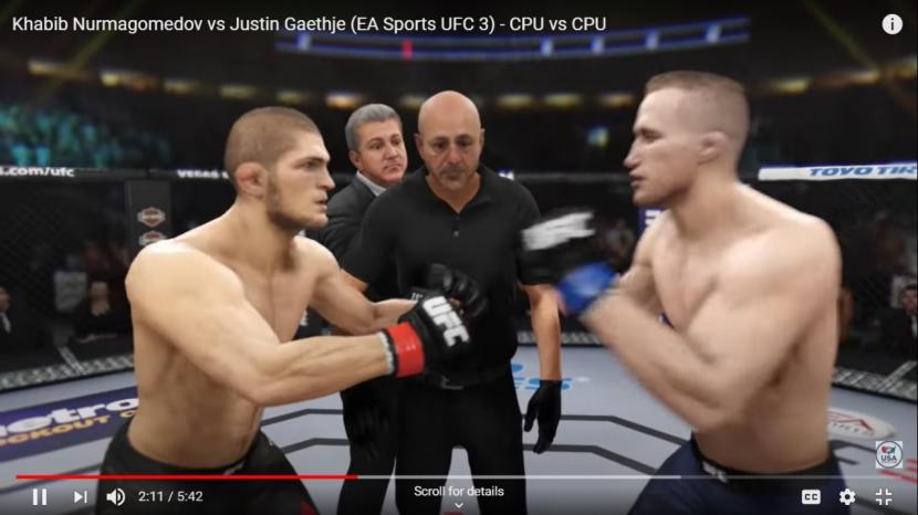Khabib Nurmagomedov (kiri) bertemu Justin Gaethje dalam pertarungan virtual di video game AE UFC 3.