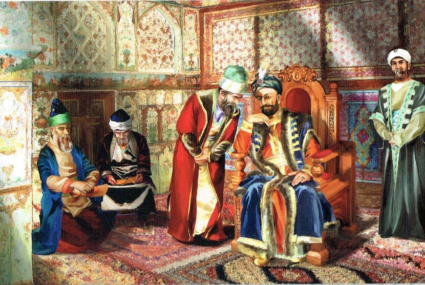 Khan dan para pembantunya saat mendiamin Shaki Khan Palace. 