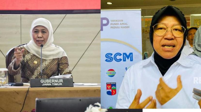 Khofifah dan Risma. Kedua tokoh ini diperkirakan akan berkompetisi memenangkan Pilkada Jawa Timur 2024