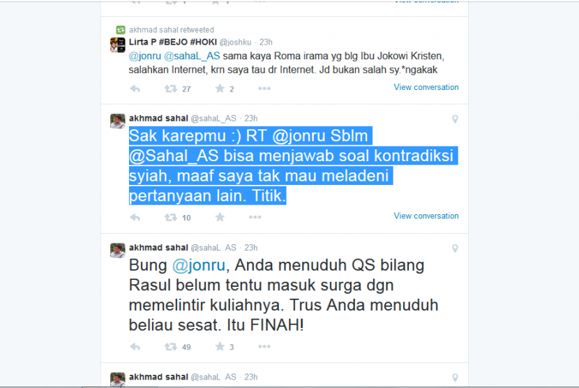 Kicauan Akhmad Sahal dan Jonru yang membahas tudingan Quraish Shihab adalah penganut Syiah.