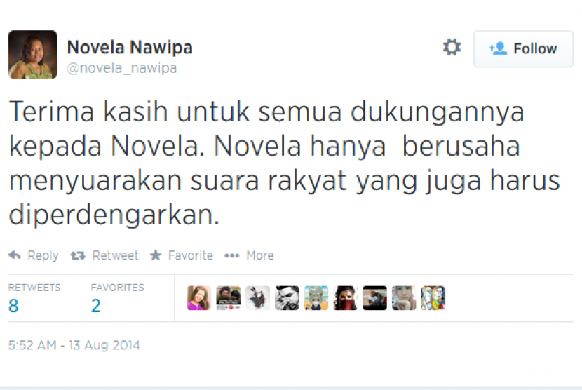 Kicauan akun mengatasnamakan Novela Nawipa di Twitter.