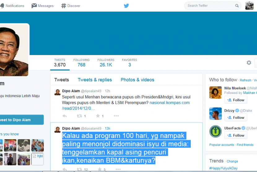 Kicauan Dipo Alam terkait kebijakan pemerintahan Jokowi.