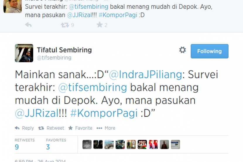 Kicauan Indra J Piliang terkait peluang Tifatul Sembiring di Pilwakot Depok.