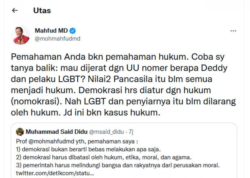 Kicauan Mahfud MD menjawab Said Didu terkait LGBT. LBH Pelita Umat mempertanyakan Menkopolhukam Mahfud MD yang membela LGBT dengan nasib FPI dan HTI.