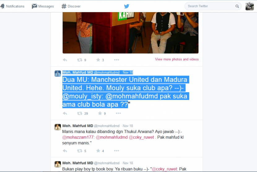 Kicauan Mahfud MD tentang klub idoalnya, dua MU.