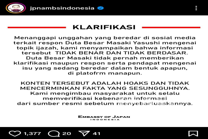 Klarifikasi Kedubes Jepang terkait video palsu Dubes Masaki Yasushi menuding ijazah Rismon Sianipar keluaran Yamaguchi University dituding palsu.