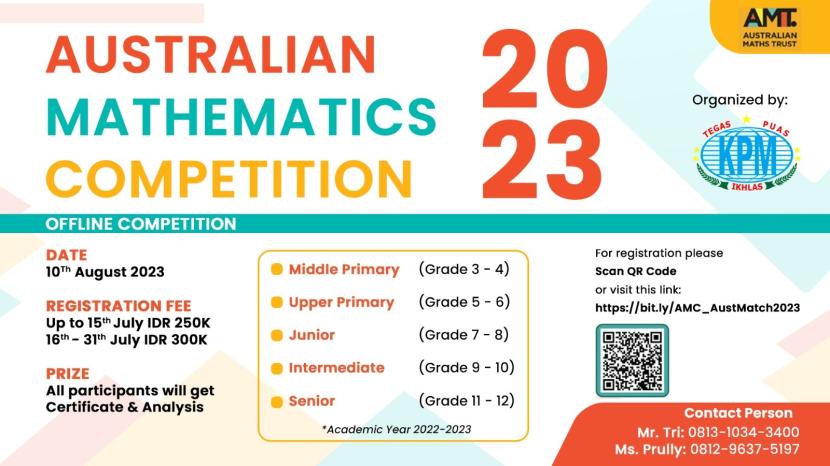 Klinik MIPA menjadi penyelenggara resmi Australian Mathematics Competition (AMC) 2023 yang akan diselenggarakan pada 10 Agustus 2023.