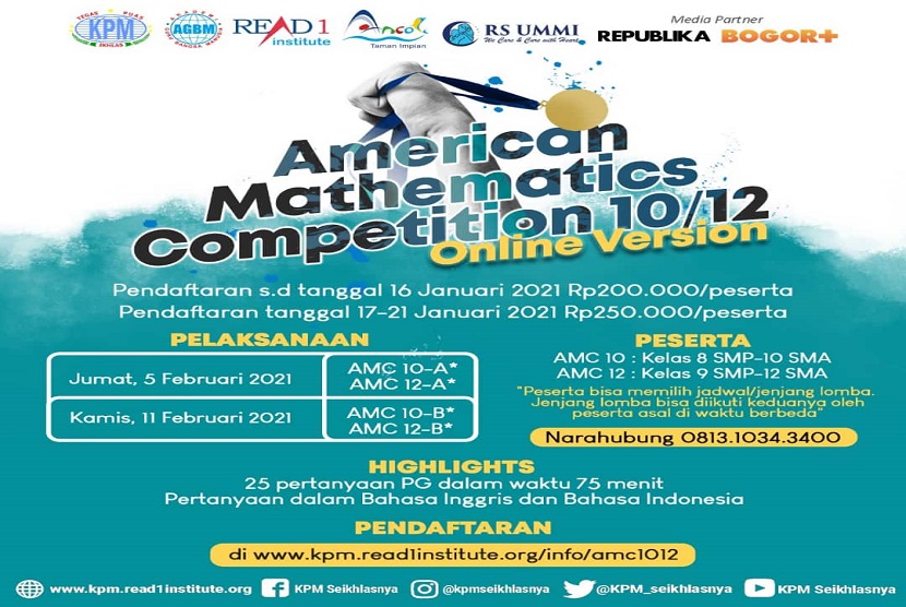 Klinik Pendidikan MIPA (KPM) kembali dipercaya untuk menggelar kompetisi matematika internasional yang bertajuk American Mathematics Competition (AMC) 10/12 secara online, pada tanggal 5 dan 11 Februari 2021 mendatang.
